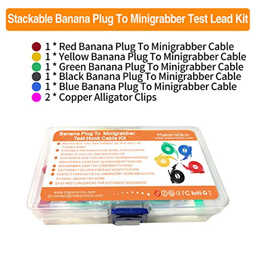 Makeronics 5 יחידים תקע בננה לערכת הכבלים של Minigrabber Test Wook | תקע בננה הניתן לערימה 4 ממ | 39.37 אינץ ' /1 מ' חוטי בדיקה חשמליים